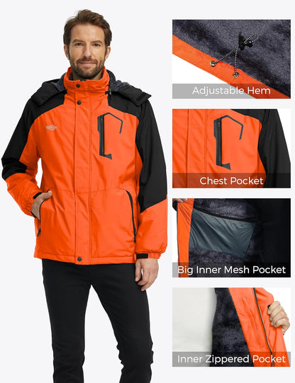 Men'S Mountain Waterproof Ski Jacket Windproof Rain Jacket Winter Warm Hooded Coat
